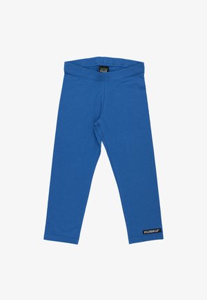 Blue cotton leggings with a soft texture and elastic waistband. Features a small black brand label on the lower left leg.