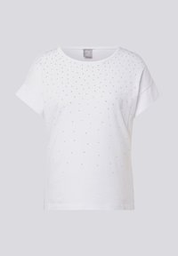 White short-sleeve t-shirt made of cotton, featuring a scattered pattern of small silver embellishments on the front. Smooth texture.