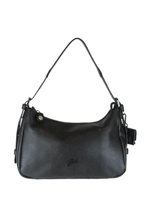 Borsa a tracolla in pelle nera texturizzata con una singola cinghia, chiusura con cerniera e piccolo logo in rilievo al centro frontale.