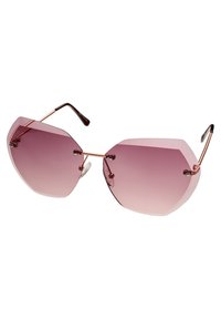 Sunglasses oktagonal dengan lensa merah muda gradasi dan bingkai logam rose gold. Fitur termasuk penyangga hidung yang dapat disesuaikan dan ujung pelat yang tekstur.