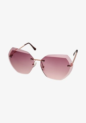 Sunglasses oktagonal dengan lensa merah muda gradasi dan bingkai logam rose gold. Fitur termasuk penyangga hidung yang dapat disesuaikan dan ujung pelat yang tekstur.