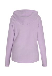 Felpa con cappuccio lilla in pile, dalla texture morbida, maniche lunghe e cappuccio arrotondato; dettagli minimi e finitura liscia.