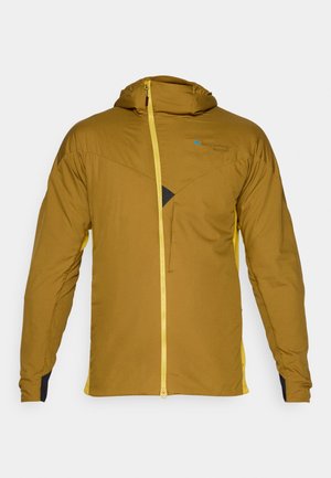 Brown hooded jacket with yellow zipper and side accents, featuring a textured fabric, front zip pocket, and a distinct triangular design detail.