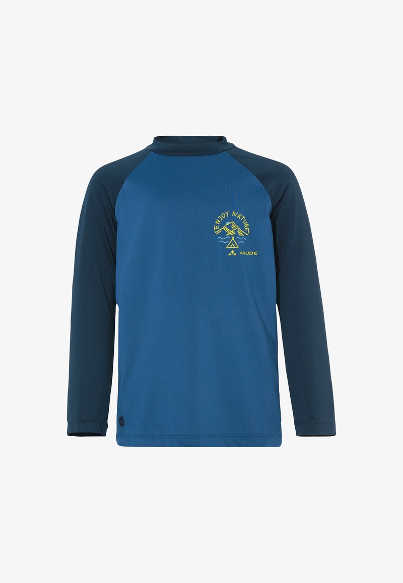 Chemise à manches longues bleue avec des manches raglan bleu foncé contrastantes. Elle présente un design graphique jaune sur la poitrine et une texture douce.