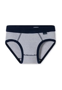 Slip a righe bianchi e blu navy, realizzati con tessuto morbido, con una fascia in vita blu navy e dettagli di cuciture a contrasto.