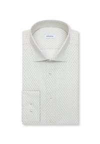 Chemise blanche à petits motifs circulaires gris, col italien, poignets à boutons, boutons sur le devant, soigneusement pliée.