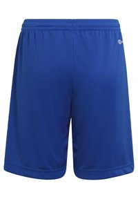 Pantalones cortos deportivos azules con cinturilla elástica, fabricados en un tejido ligero y suave. Presenta un dobladillo cosido y un detalle de logo en el lateral.