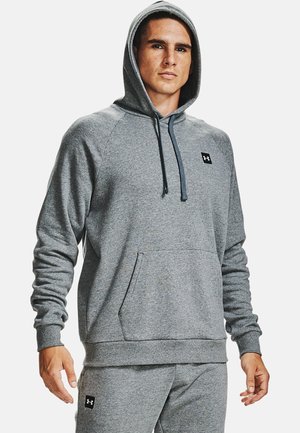 Grauer Kapuzenpullover mit Zugband-Kapuze, Fronttasche und Raglanärmeln. Verfügt über ein kleines schwarzes Logo auf der Brust und gerippte Bündchen.