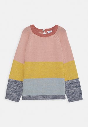 Dziecięcy sweter z dzianiny z długim rękawem, z poziomymi blokami kolorów: różowym, żółtym, jasnoniebieskim i ciemnoniebieskim oraz z okrągłym dekoltem na guziki.