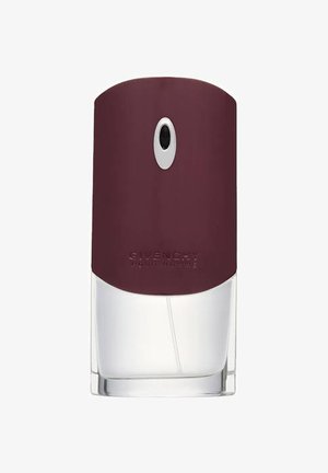 Bourgognefarvet og klart glas parfume flaske med en rundet top, med en enkelt spraydyse og den prægnede logo "Givenchy" ved bunden.