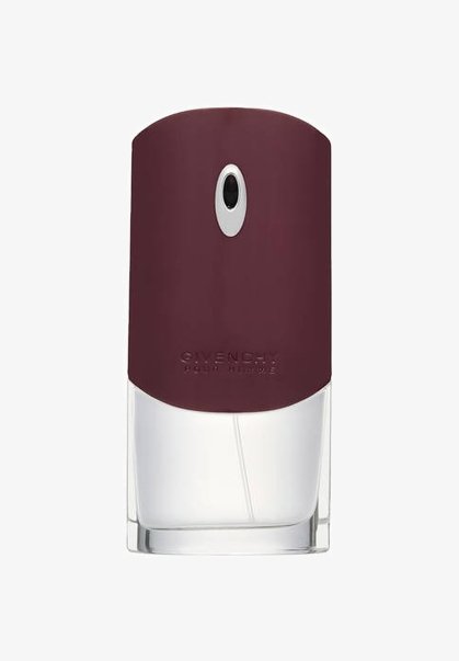 Givenchy duftflaske med en mørk burgunder mat kappe, en klar glasbund og et rundt spraydyse. Har branding på forsiden.