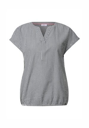 Striped short-sleeve top in navy and white, featuring a V-neck, casual fit, elasticated hem, and lightweight fabric.