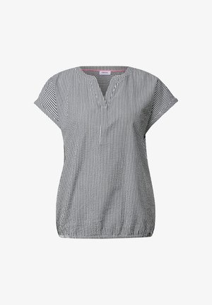 Stribet kortærmet top i navy og hvid, med V-hals, afslappet pasform, elastisk kant og let stof.