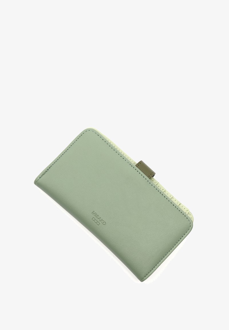 Green leather wallet with a textured light green accent, slightly rounded shape, and subtle stitching details. Logo embossed on the front.