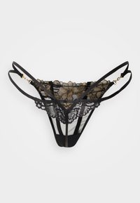 Μαύρο γυναικείο εσώρουχο τύπου στρινγκ με δαντέλα και λουλουδάτα μοτίβα, διακοσμημένο με διαφάνεια από δίχτυ. Διαθέτει ρυθμιζόμενους ιμάντες και λεπτομέρειες σε χρυσό χρώμα.