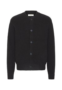 Cardigan a coste di un grigio scuro con scollo rotondo, chiusura con bottoni, due tasche frontali e polsini e orlo a coste. Materiale in maglia morbido.