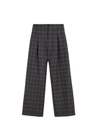 Pantalones de pierna ancha en un patrón de cuadros oscuros con colores gris, azul y negro. El material parece tejido con una textura suave y pliegues frontales.