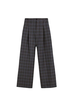 Pantalones de pierna ancha en un patrón de cuadros oscuros con colores gris, azul y negro. El material parece tejido con una textura suave y pliegues frontales.