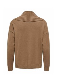 Pull en maille marron avec un col côtelé, des manches longues et une coupe décontractée. Tissu texturé avec des détails côtelés à l'ourlet et aux poignets.