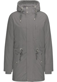 Parka imperméable grise avec capuche, cordons de serrage, fermeture à boutons devant, deux poches latérales et une poche poitrine verticale. Texture lisse.