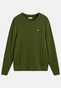 Suéter verde de punto con un patrón de cable, cuello redondo acanalado y puños. Incluye un pequeño logo bordado en el pecho.