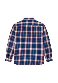 Camicia di flanella a maniche lunghe di colore blu navy con un motivo a quadri rosso e bianco. Presenta polsini con bottoni e un colletto standard. Texture morbida.