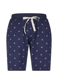 Marineblau Shorts aus weicher Baumwolle mit elastischem Bündchen und Kordelzug, ausgestattet mit einem wiederkehrenden floralen Muster in hellen Farben.