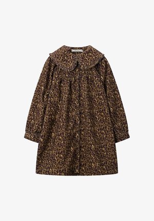 Leopardmuster Kleid in Braun- und Goldtönen, mit großem gewelltem Kragen, langen Ärmeln und durchgehender Knopfleiste.