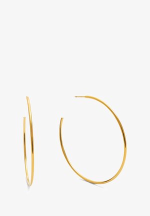 Goldene Creolen mit einem schlanken, offenen Loop-Design. Glatte Textur mit einem polierten Finish, ohne Verzierungen oder Muster.