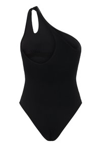 Čierne jednodielne plavky s jedným ramienkom, vyrobené z textúrovaného materiálu a so zárezom na ramene.