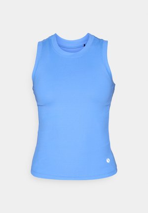 Top sin mangas de color azul claro hecho de algodón elástico. Cuello redondo, diseño ajustado, textura suave y pequeño logo en el dobladillo inferior derecho.