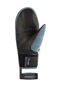 Schwarze Ledermanschette mit blauer Textiloberfläche, strukturiertem Griff, verstärkter Naht und verstellbarem Handgelenkband mit Logodetail.