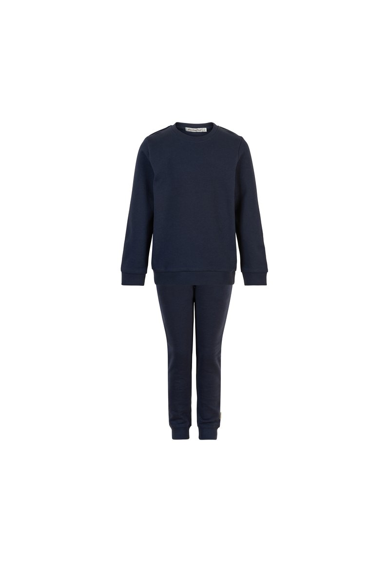 Dunkelblauer Pullover und passende Hose. Weicher Stoff, lange Ärmel, gerippte Bündchen und Taillenbund. Minimalistisches Design ohne Muster.