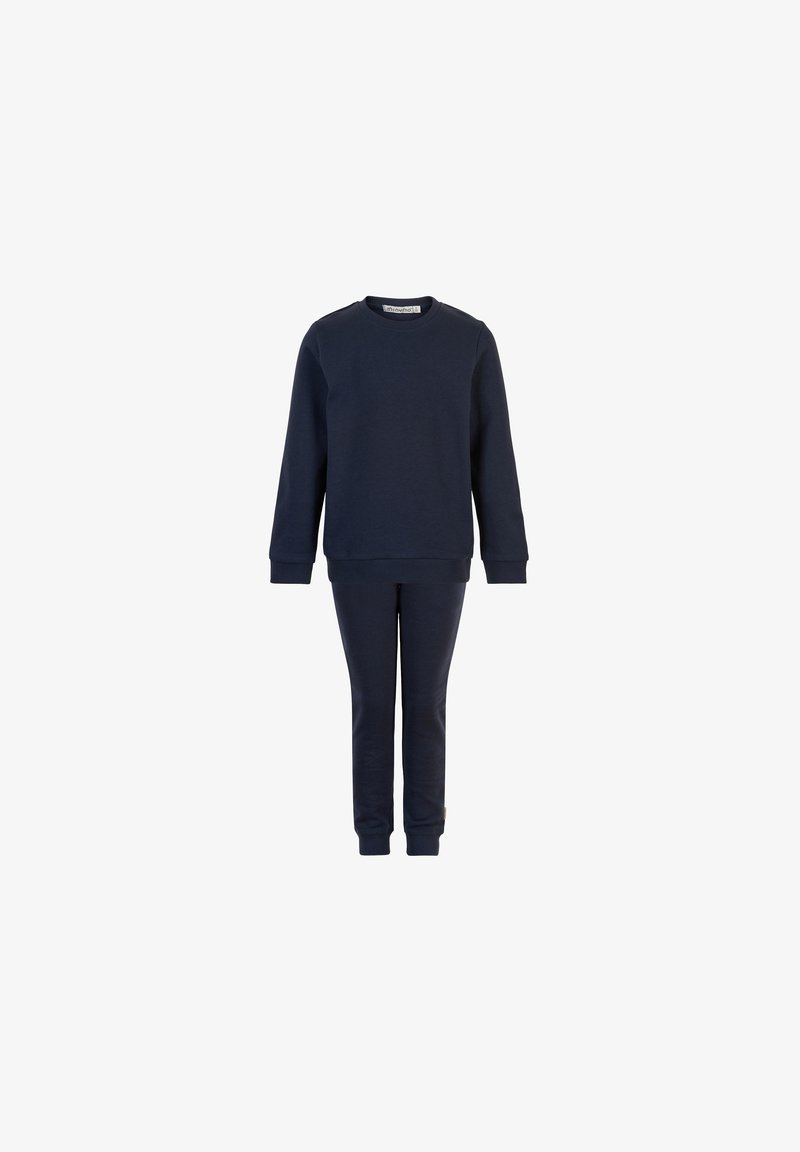 Dunkelblauer Pullover und passende Hose. Weicher Stoff, lange Ärmel, gerippte Bündchen und Taillenbund. Minimalistisches Design ohne Muster.