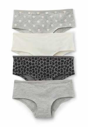 Quatre culottes hipster pour femmes en rangée verticale : gris avec des marguerites, crème uni, gris foncé avec imprimé léopard noir, et gris clair uni.