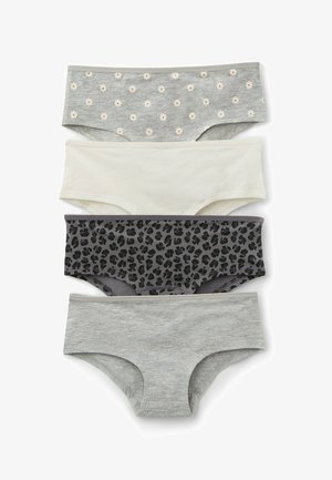 Quatre culottes hipster pour femmes en rangée verticale : gris avec des marguerites, crème uni, gris foncé avec imprimé léopard noir, et gris clair uni.