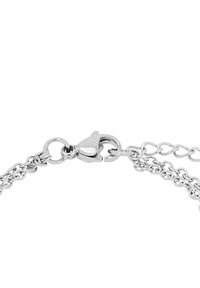 Bracciale in argento con chiusura a moschettone e più link. La catena ha una texture liscia e una lucentezza elegante.