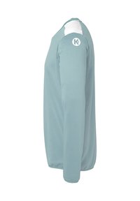 Lange mouw sweatshirt van lichtblauwe stof, met een witte schouderaccent en een rond logo op de bovenarm. Soepele textuur.