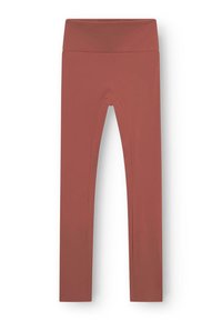 Hoge taille, volle lengte roestkleurige leggings met een brede tailleband en een slim fit, plat weergegeven tegen een witte achtergrond.