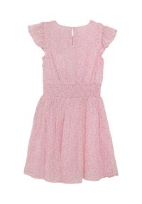 Rosa klänning med volangärmar, smockad midja och utsvängd kjol. Blommönster över hela; knappstängning på baksidan. Lättviktig tyg.