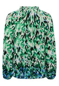 Blouse à manches longues avec col montant, détails froncés et imprimé animalier abstrait vert, noir, bleu et rose.