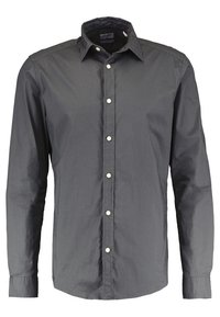 Mørkegrå langærmet skjorte med knapper, lavet af glat stof; har en klassisk krave, knappeliste og hvide knapper.