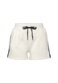 Weiße Baumwollshorts mit einem elastischen Bund, ausgestattet mit einer schwarzen Kordel und seitlichen schwarzen Akzenten. Weicher Stoff, lässiger Stil.