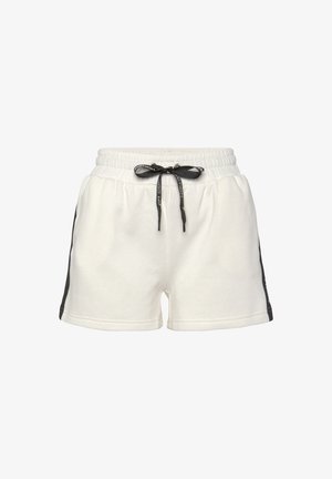 White cotton shorts with an elastic waistband, featuring a black drawstring and side black accents. Soft texture, casual style.