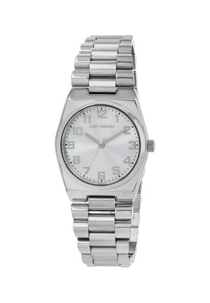 Silver-colored wristwatch with a rectangular case, stainless steel band, minimalist dial, and bold numerals at 3, 6, 9, and 12 o'clock.