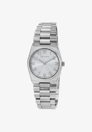 Silver-colored wristwatch with a rectangular case, stainless steel band, minimalist dial, and bold numerals at 3, 6, 9, and 12 o'clock.
