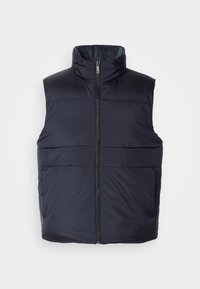 Gilet trapuntato blu navy con colletto alto e zip frontale, caratterizzato da una texture liscia e leggermente lucida e dettagli di cucitura orizzontale.