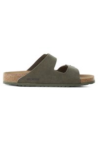 Green slip-on sandal with a cork footbed and textured upper. Features two wide straps and a rubber sole. Minimalist design, no embellishments.