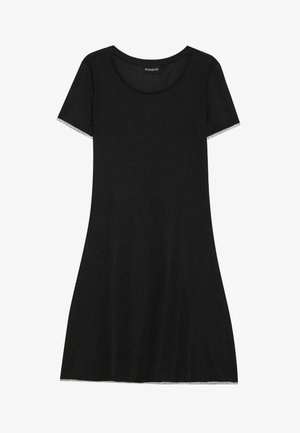 Black short-sleeve dress with a round neckline, made from ribbed fabric. Features a straight cut and subtle trim at sleeve edges.