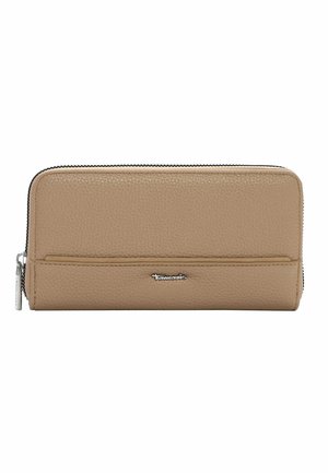 Beige leren portemonnee met structuur, voorzien van een ritssluiting en een voorvak. Voorzien van logo en metalen accenten in zilverkleur.